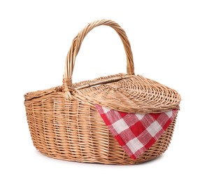 Photo of One picnic wicker basket isolated on white