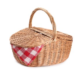 Photo of One picnic wicker basket isolated on white