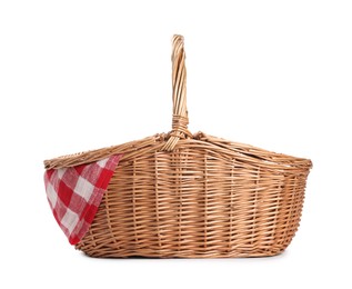 Photo of One picnic wicker basket isolated on white