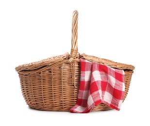 Photo of One picnic wicker basket isolated on white