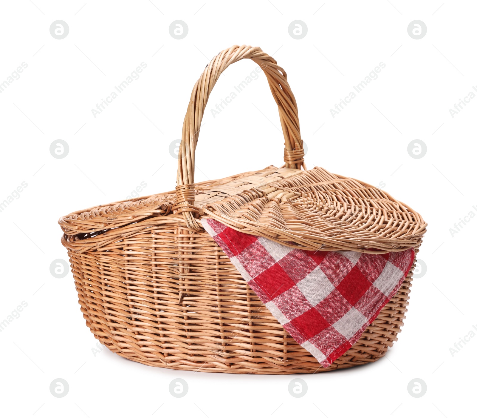 Photo of One picnic wicker basket isolated on white