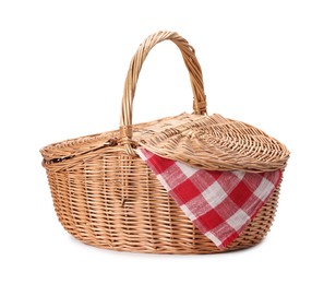 Photo of One picnic wicker basket isolated on white