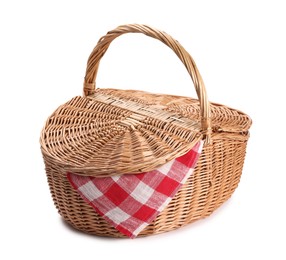 Photo of One picnic wicker basket isolated on white