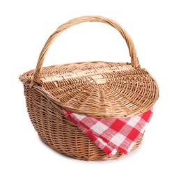 Photo of One picnic wicker basket isolated on white