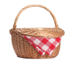 Photo of One picnic wicker basket isolated on white