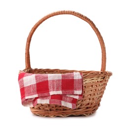 One picnic wicker basket with checkered napkin isolated on white