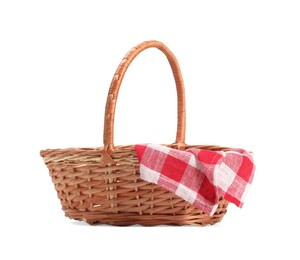 Photo of One picnic wicker basket with checkered napkin isolated on white