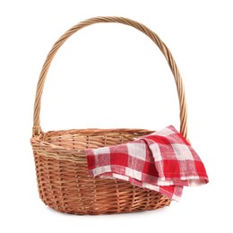 Photo of One picnic wicker basket with checkered napkin isolated on white