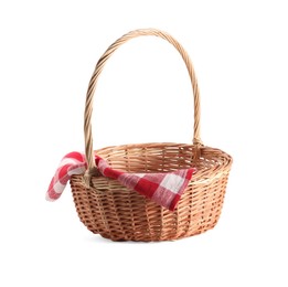 Photo of One picnic wicker basket with checkered napkin isolated on white