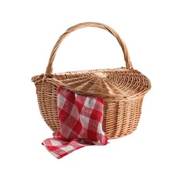 Photo of One picnic wicker basket with checkered napkin isolated on white