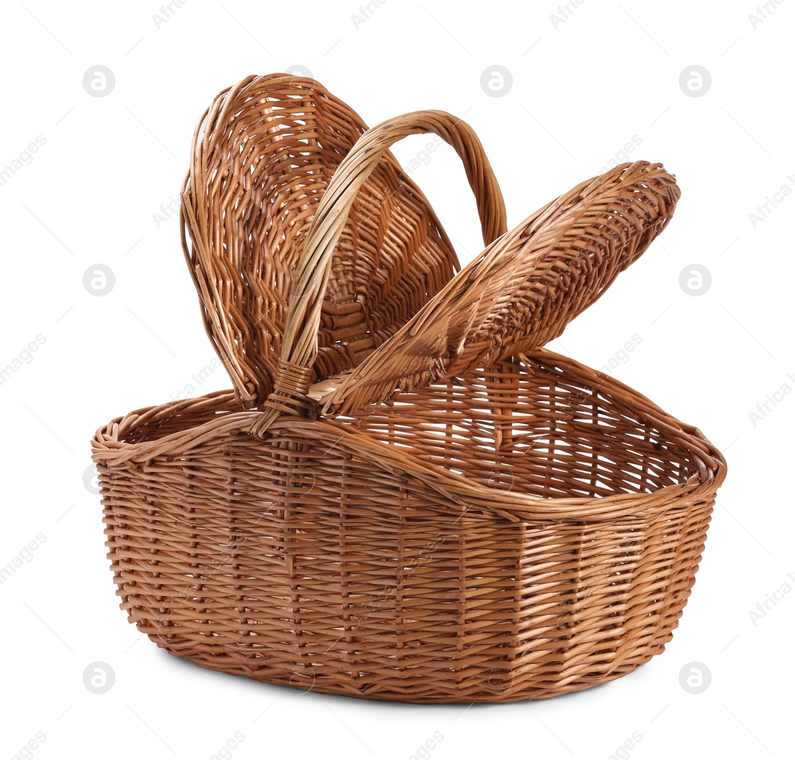 Photo of One picnic wicker basket with lids isolated on white