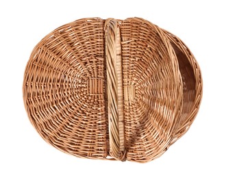 Photo of One picnic wicker basket with lids isolated on white, top view