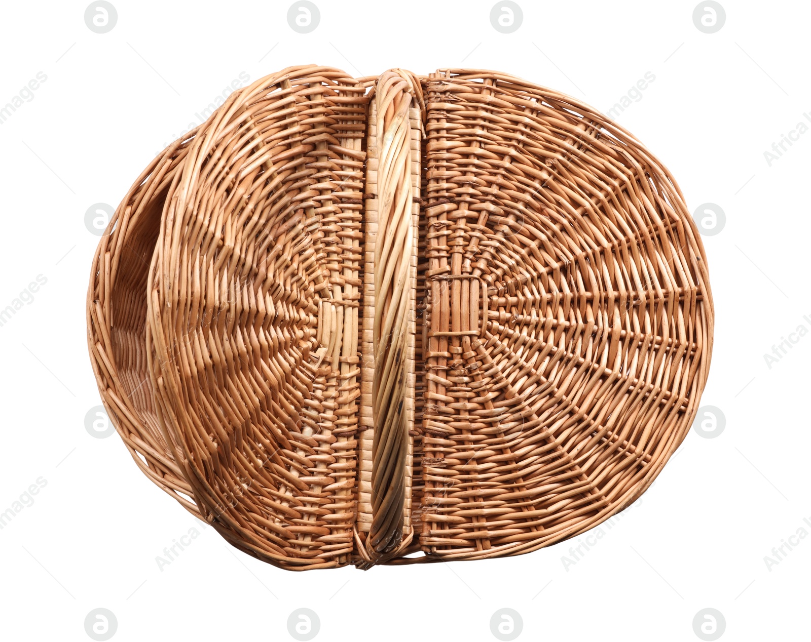 Photo of One picnic wicker basket with lids isolated on white, top view