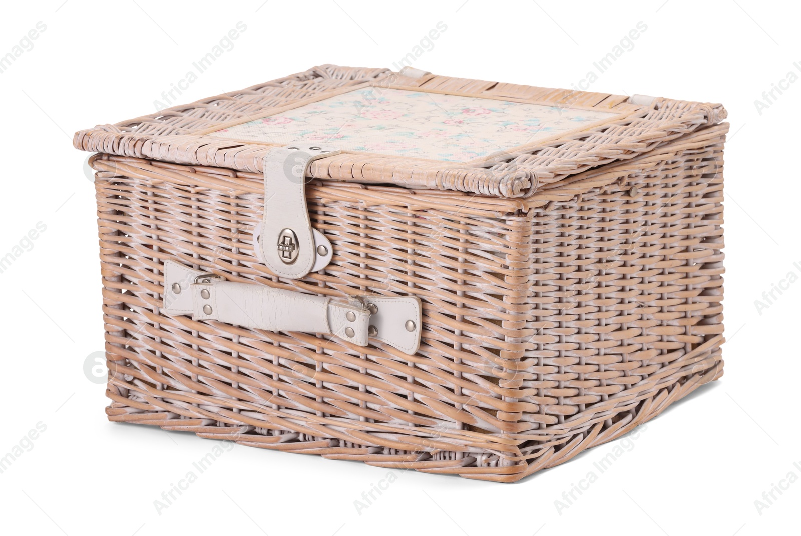 Photo of One picnic wicker basket isolated on white