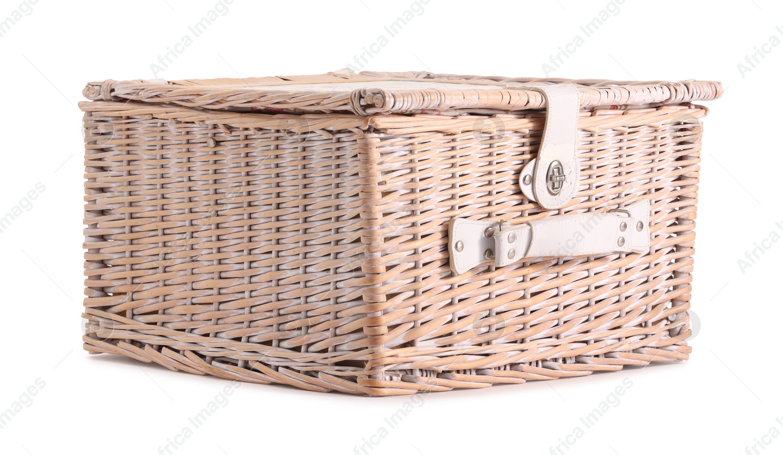 Photo of One picnic wicker basket isolated on white