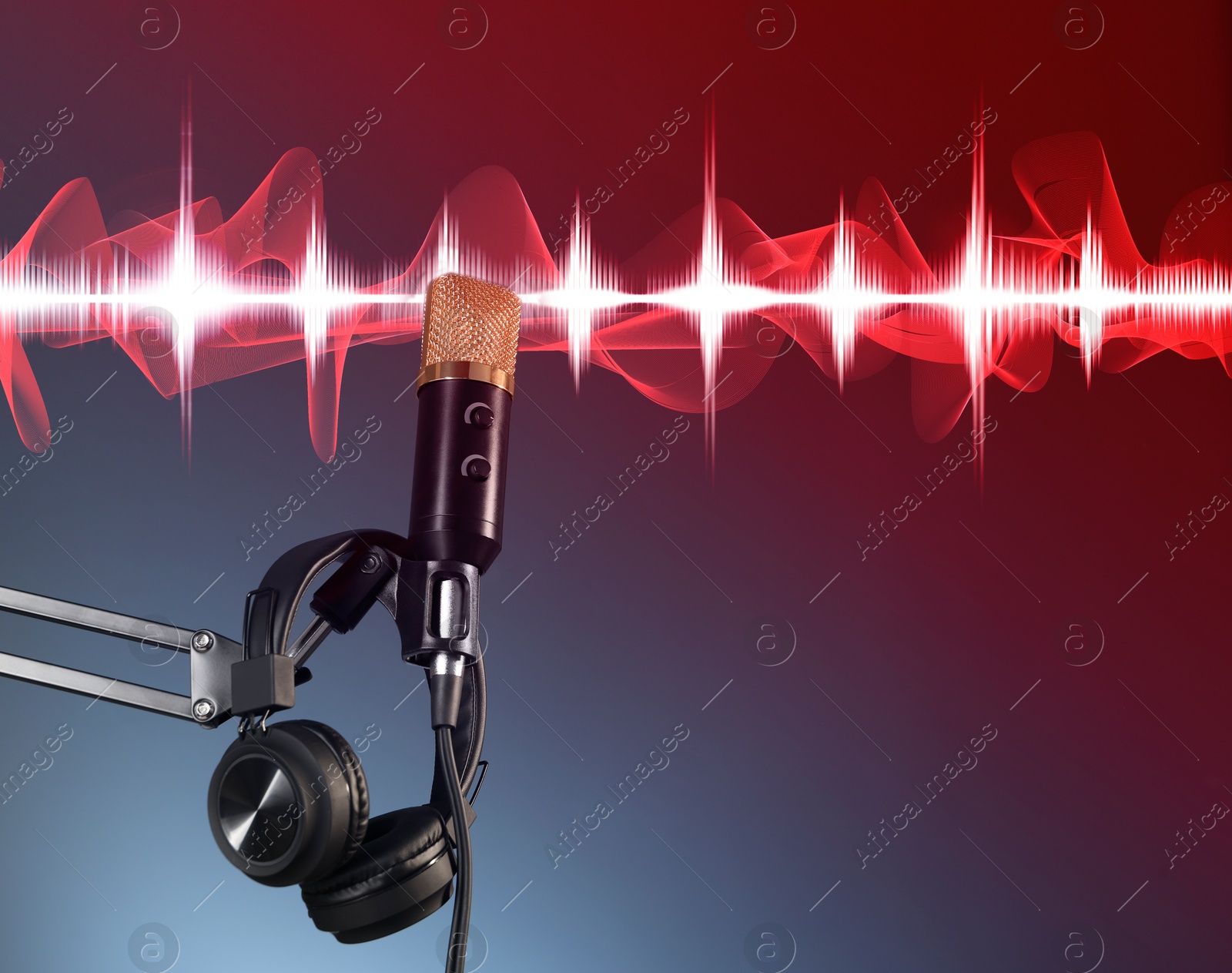 Image of Microphone, headphones and audio waveform on color background