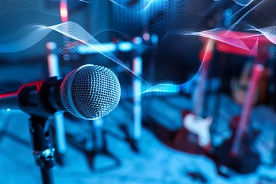 Microphone and sound waves in record studio, color toned