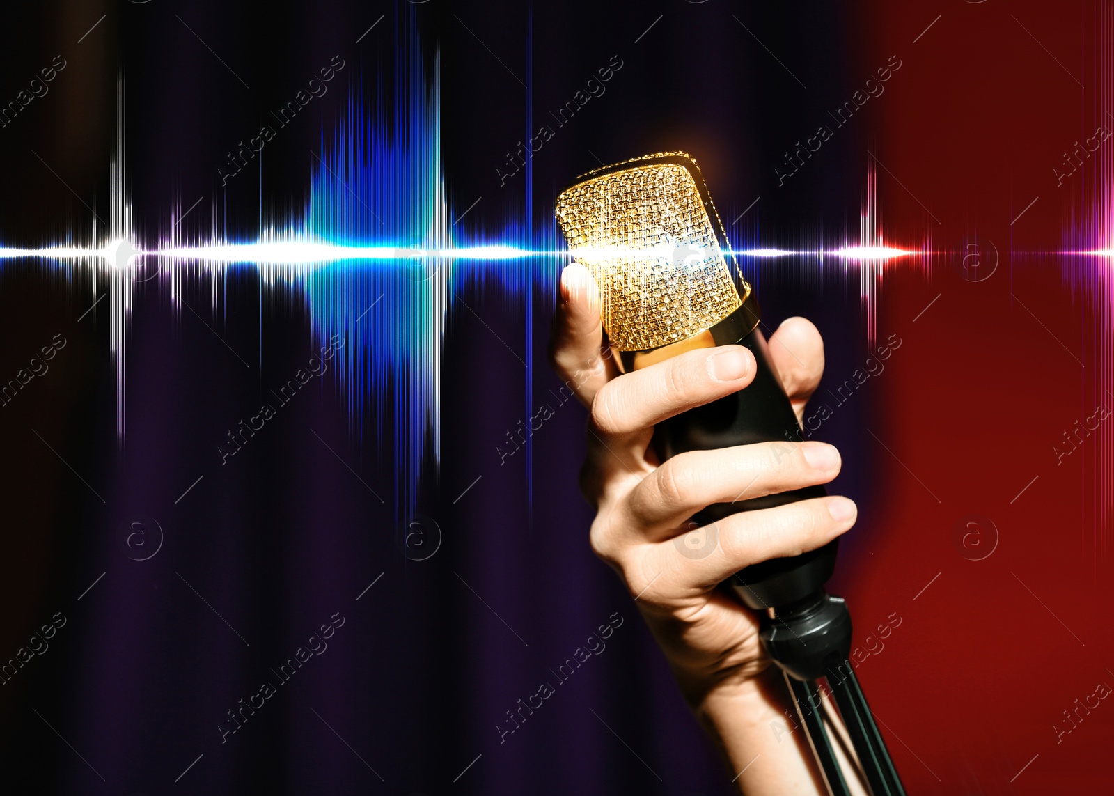 Image of Singer holding microphone on stage, closeup. Audio waveform