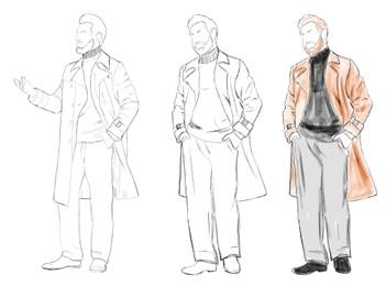 Fashion designer. Sketches of man in stylish clothes on white background