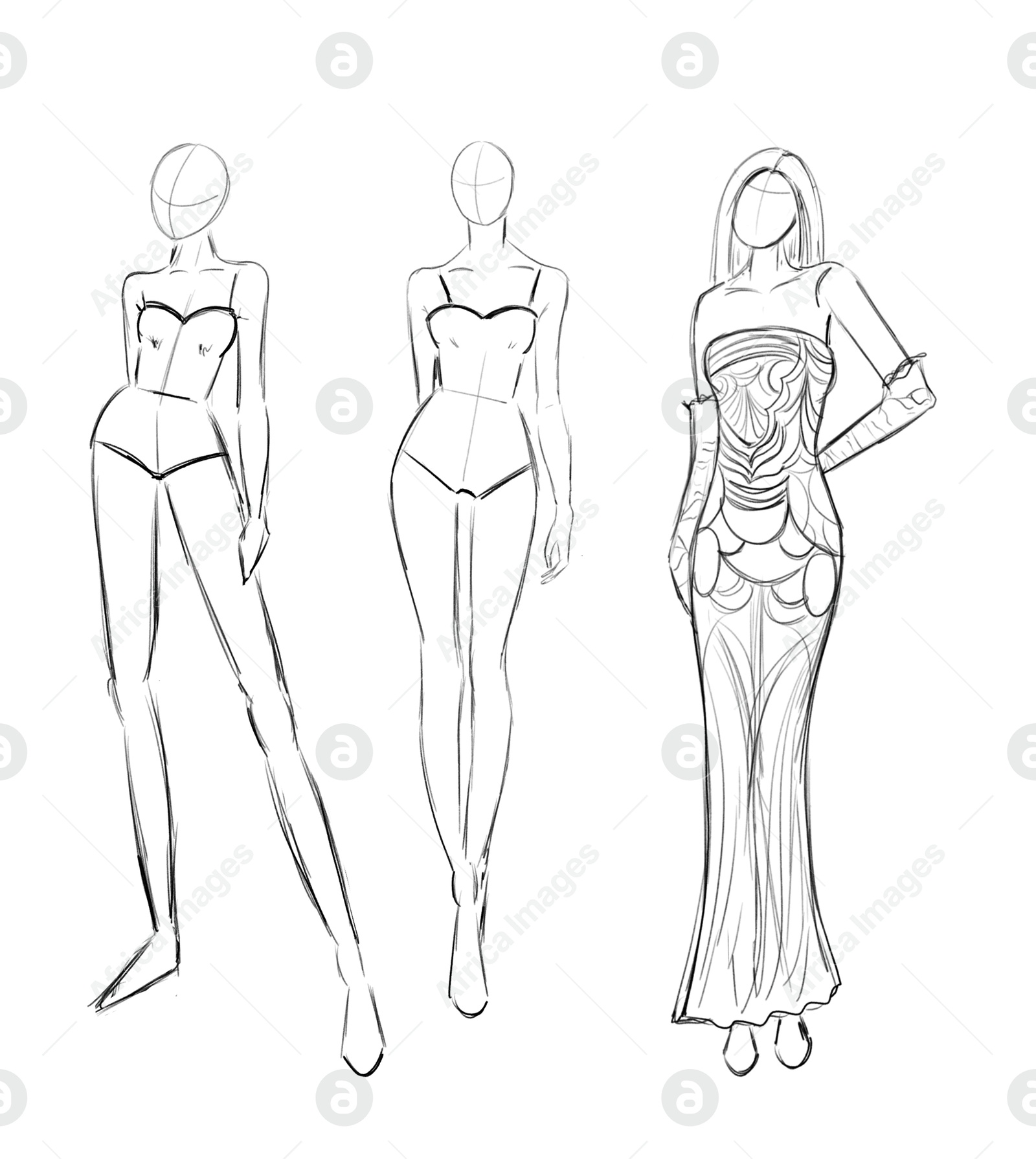 Image of Fashion designer. Sketches of woman in stylish drsss on white background