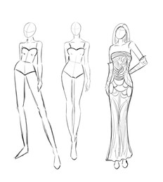 Fashion designer. Sketches of woman in stylish drsss on white background