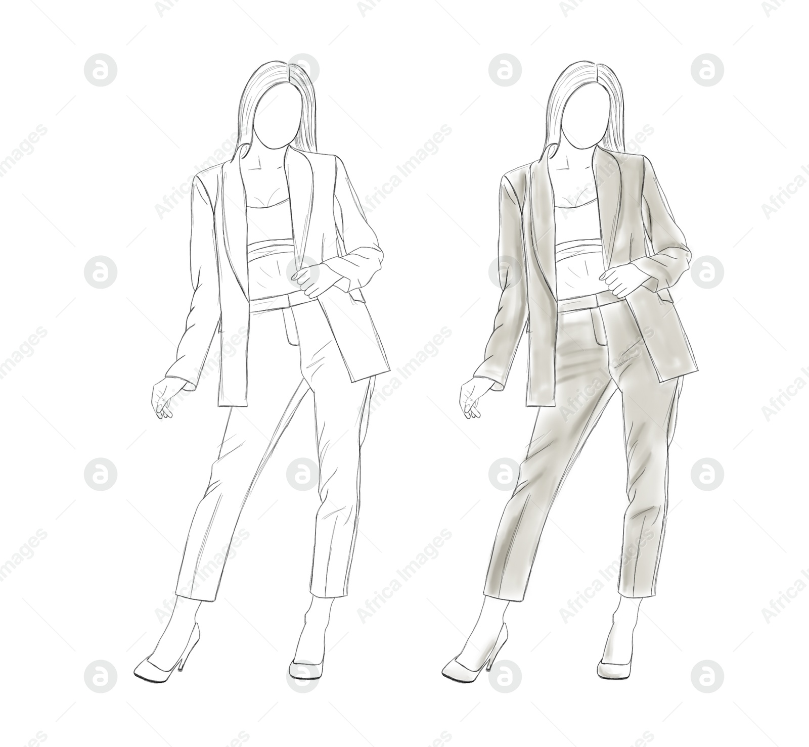 Image of Fashion designer. Sketches of woman in stylish clothes on white background