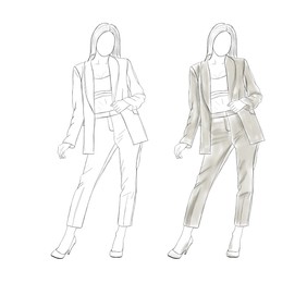 Image of Fashion designer. Sketches of woman in stylish clothes on white background