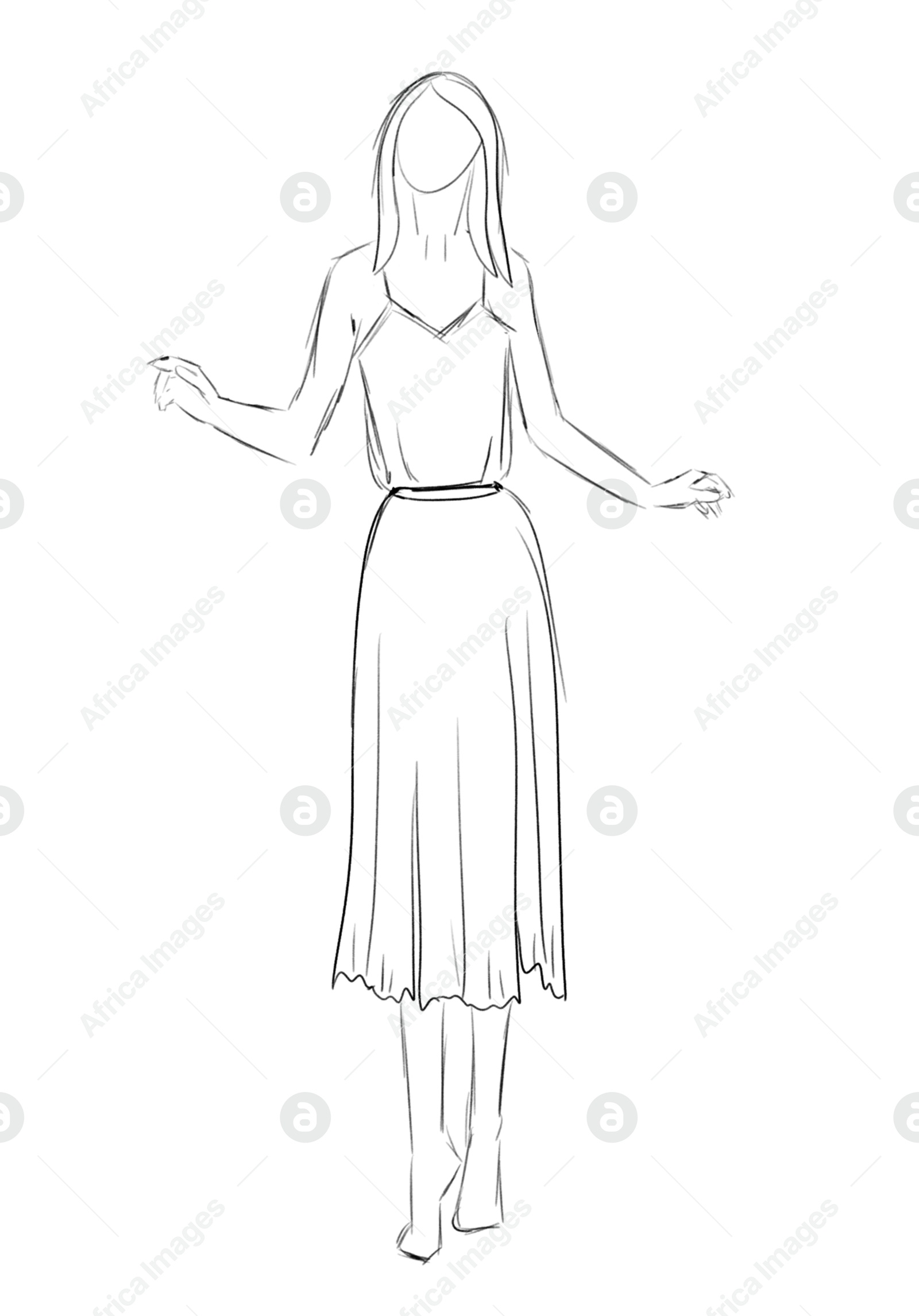 Image of Fashion designer. Sketch of woman in stylish dress on white background