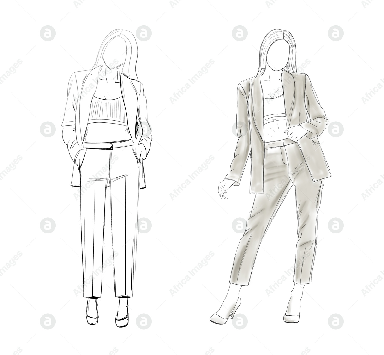 Image of Fashion designer. Sketches of woman in stylish clothes on white background