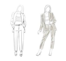 Fashion designer. Sketches of woman in stylish clothes on white background
