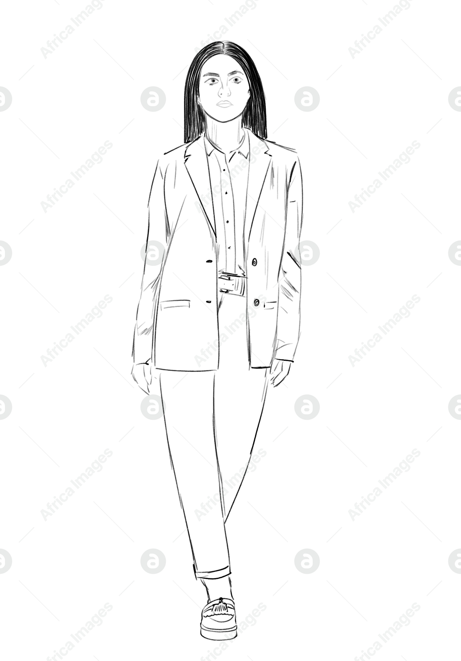 Image of Fashion designer. Sketch of woman in stylish clothes on white background