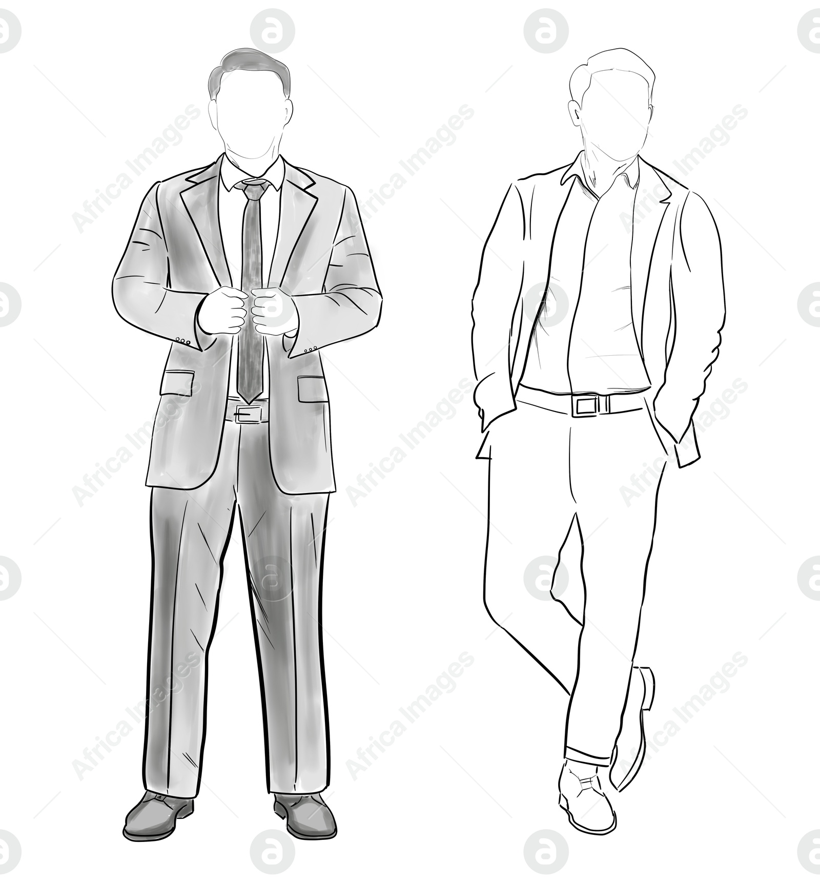 Image of Fashion designer. Sketches of man in stylish clothes on white background