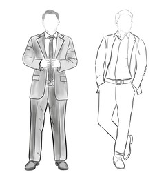 Image of Fashion designer. Sketches of man in stylish clothes on white background