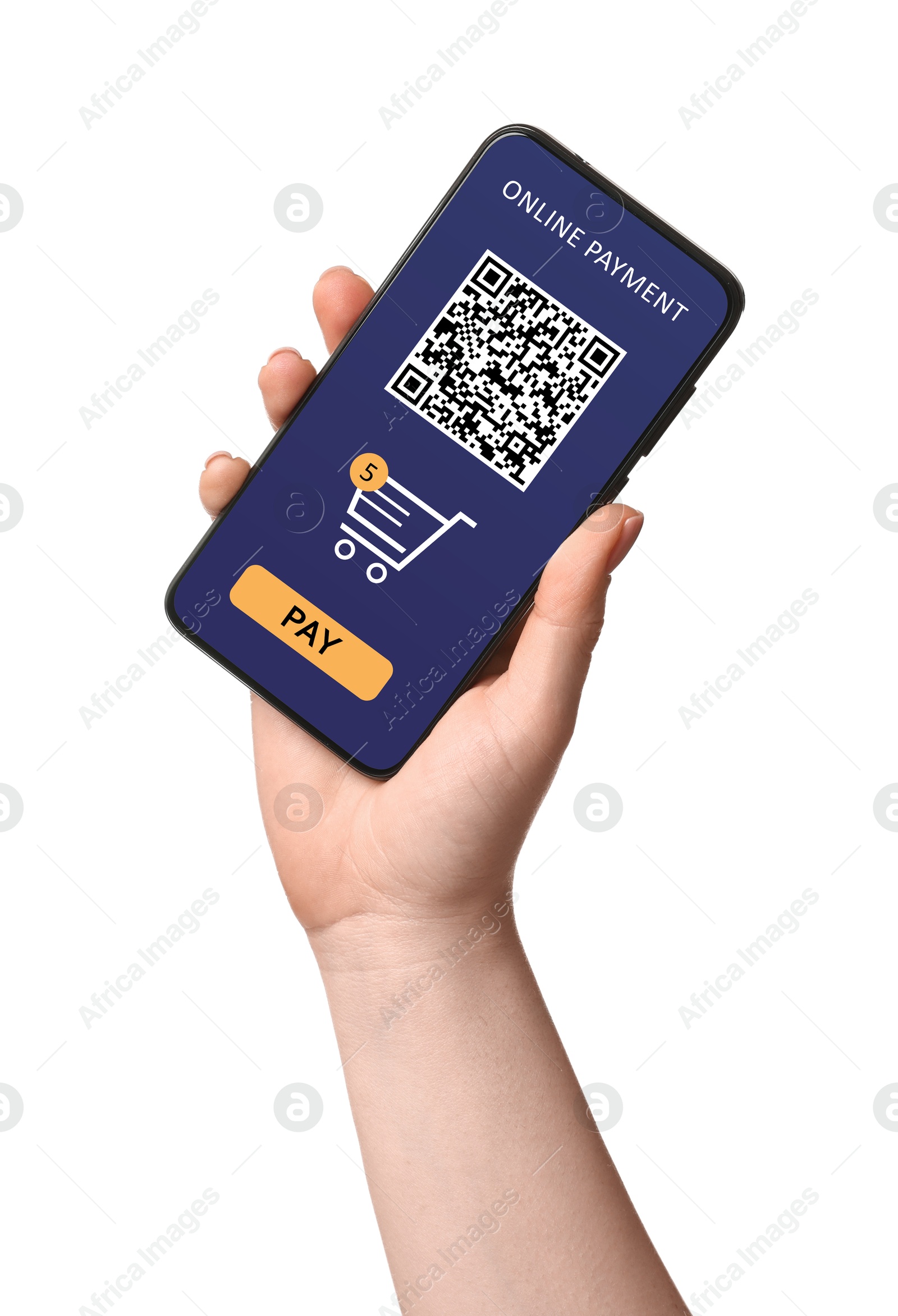 Image of Woman using online payment application on mobile phone against white background, closeup