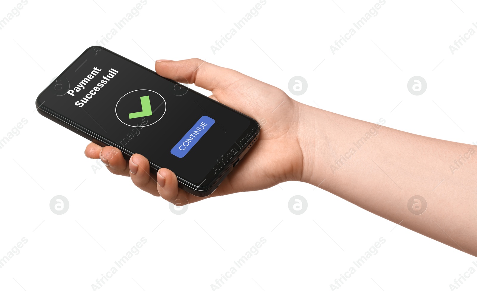 Image of Woman using online payment application on mobile phone against white background, closeup