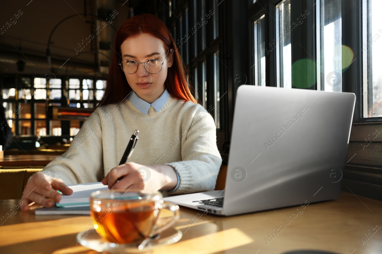 Photo of Young female student with laptop studying at table in cafe