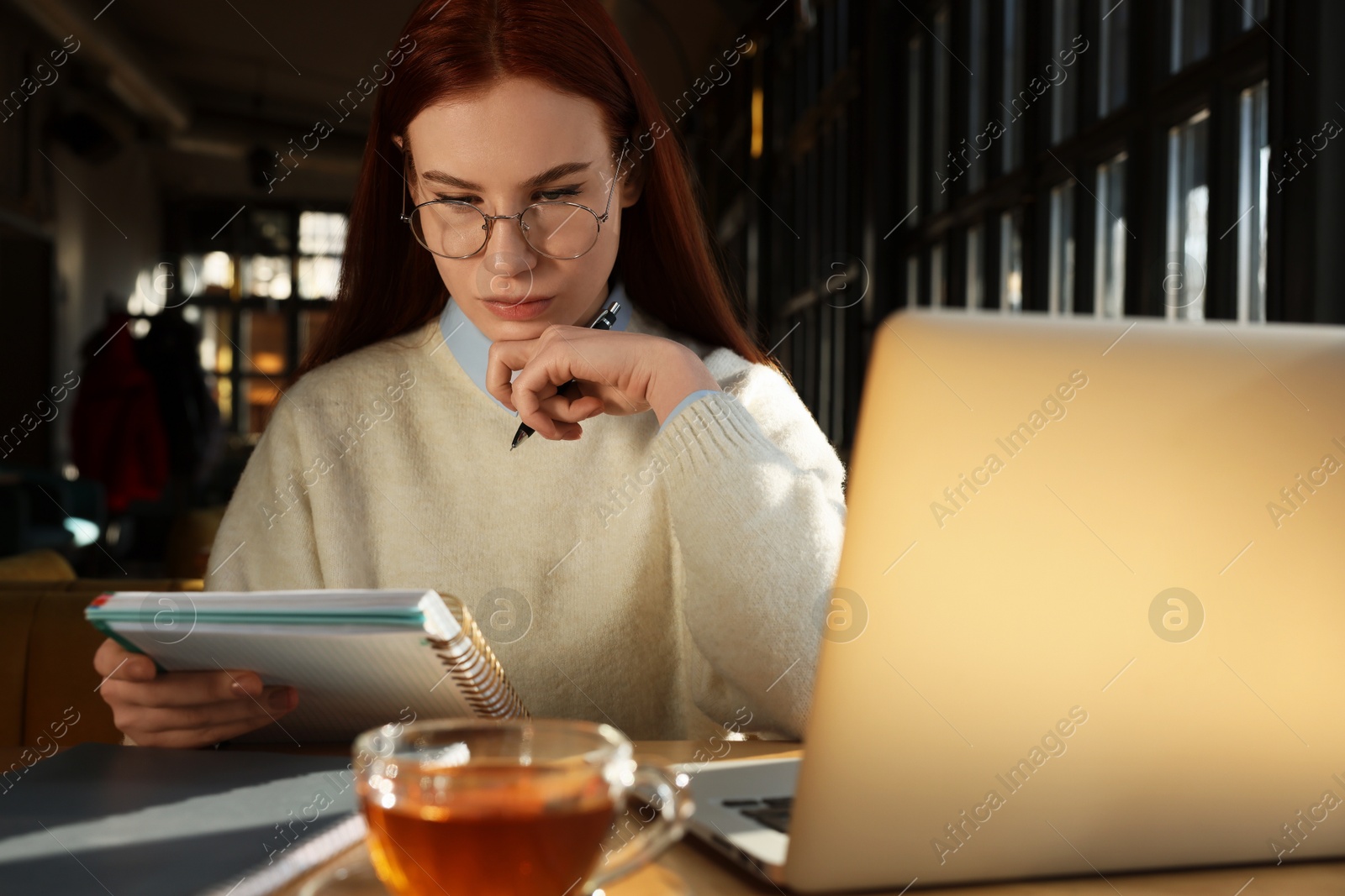 Photo of Young female student with laptop studying at table in cafe
