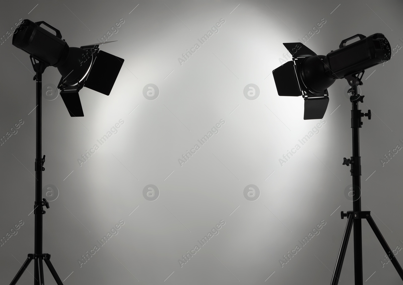 Photo of Grey photo background and professional lighting equipment in studio
