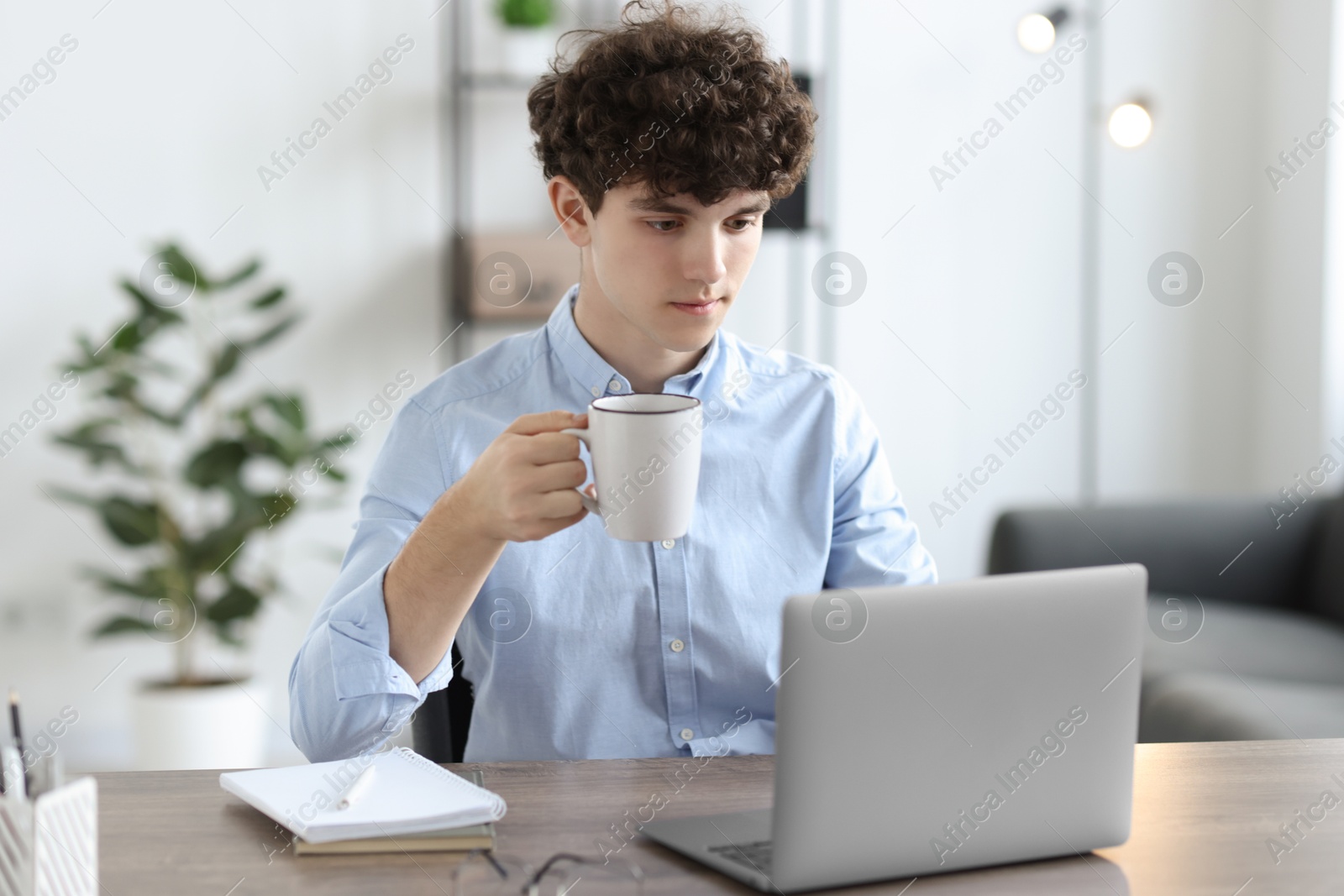 Photo of Teenager with cup of drink working on laptop at table indoors. Remote job
