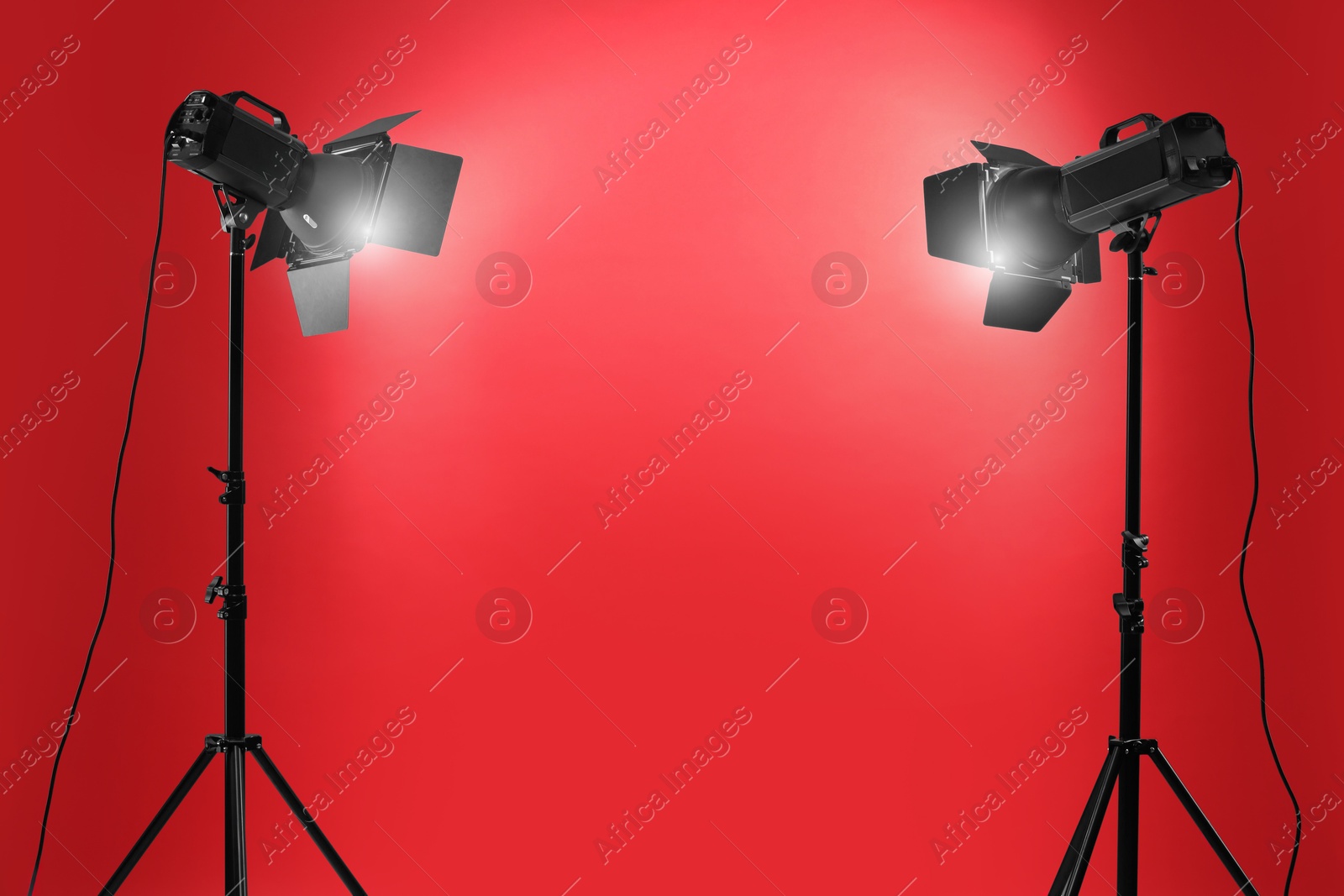 Photo of Red photo background and professional lighting equipment in studio