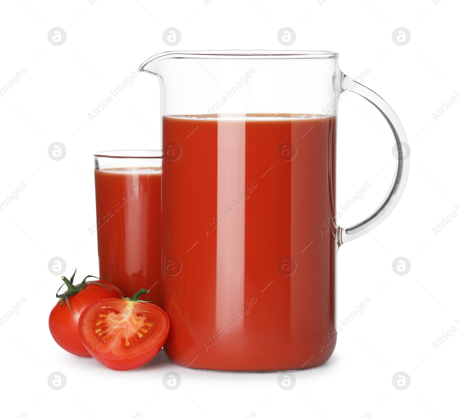 Photo of Tasty tomato juice and fresh vegetables isolated on white