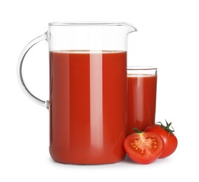 Tasty tomato juice and fresh vegetables isolated on white