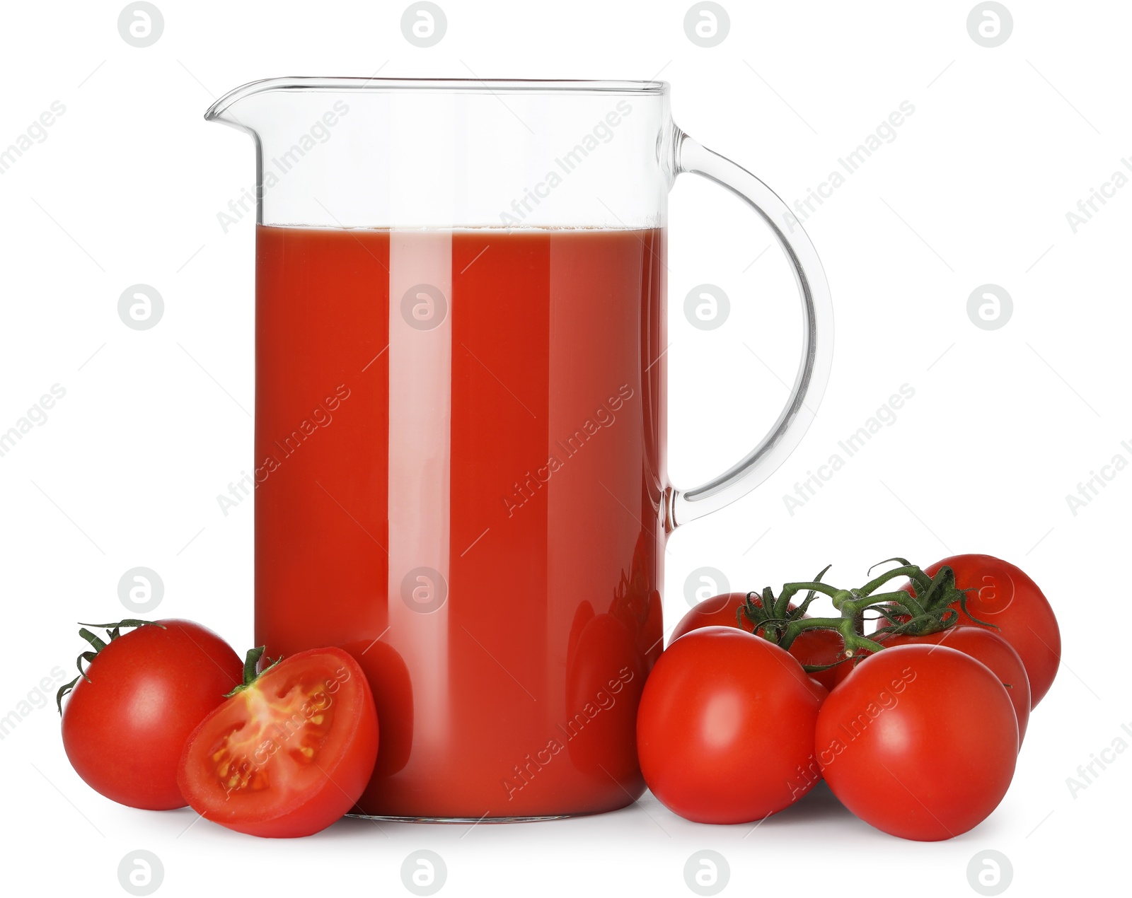 Photo of Tasty tomato juice in glass jug and fresh vegetables isolated on white