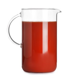 Photo of Fresh tomato juice in glass jug isolated on white