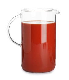 Fresh tomato juice in glass jug isolated on white