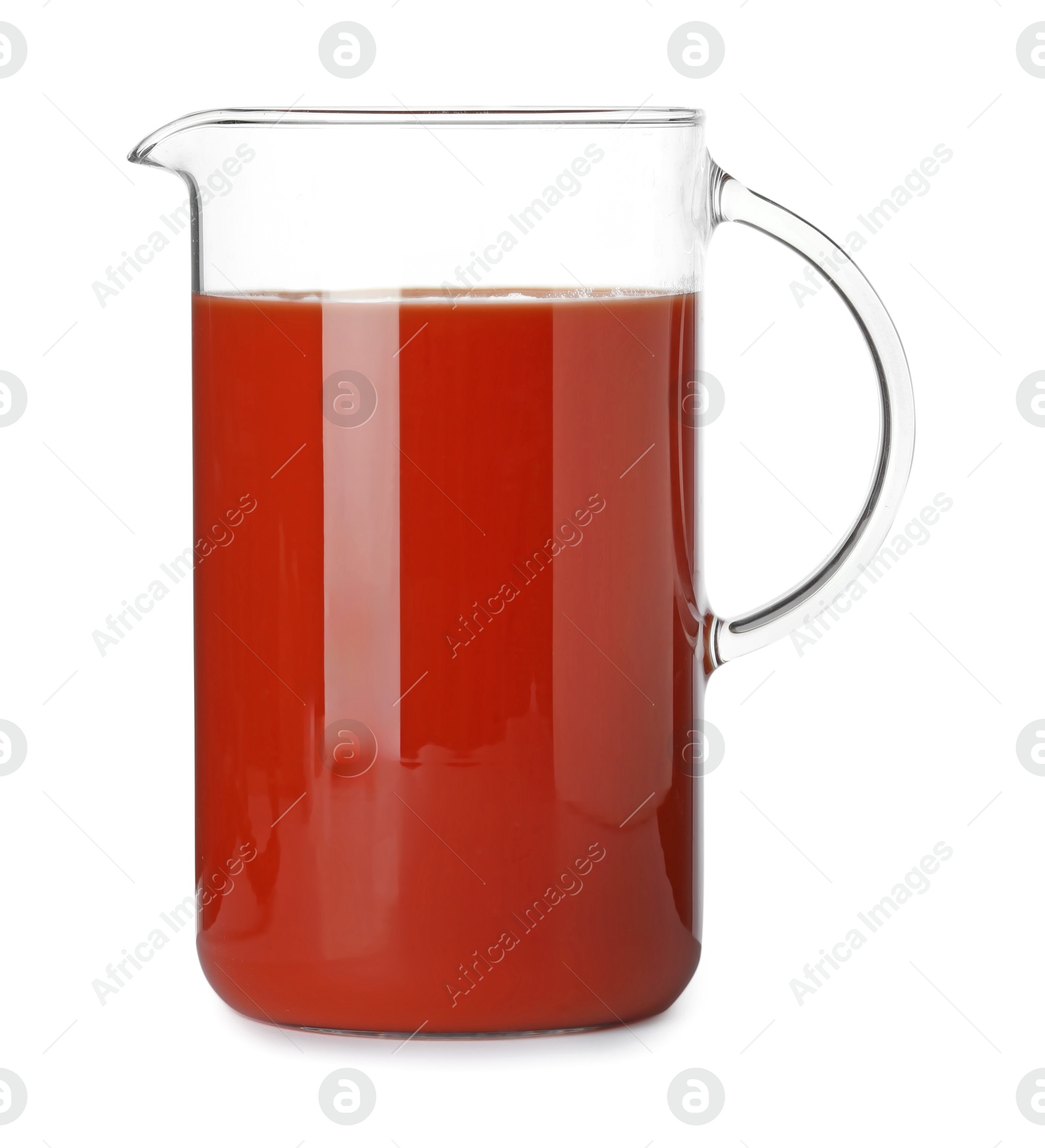 Photo of Fresh tomato juice in glass jug isolated on white