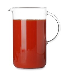 Photo of Fresh tomato juice in glass jug isolated on white