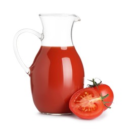 Photo of Tasty tomato juice in glass jug and fresh vegetables isolated on white