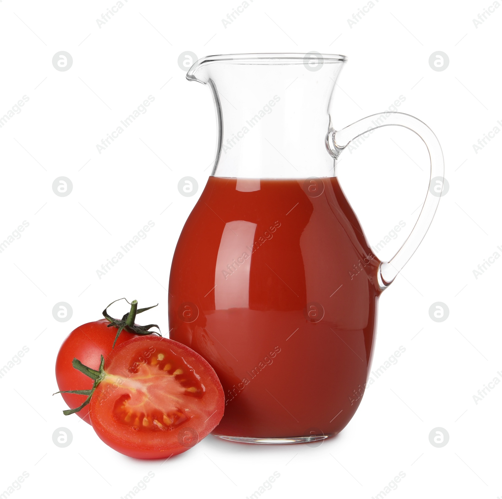 Photo of Tasty tomato juice in glass jug and fresh vegetables isolated on white