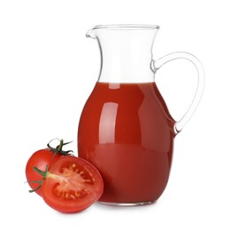 Photo of Tasty tomato juice in glass jug and fresh vegetables isolated on white